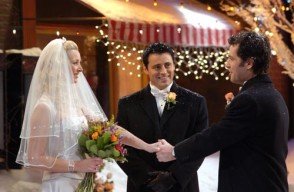 FRIENDS -- NBC Series -- Season 10: "The One With Phoebes Wedding" -- Pictured: (l-r) Lisa Kudrow as Pheobe, Matt Le Blanc as Joey, Paul Rudd as Mike -- Photo: Copyright 2004 Warner Bros. Television Production Inc. These photographs, which are the copyrighted material of Warner Bros. Television Production Inc., are being submitted to you for only the following limited purpose: for publicity, promotion or advertising of the series "Friends". You must obtain all other authorizations, consents and releases (other than copyright permission which we have granted to you as set forth herein) and pay all compensation required by any applicable collective bargaining agreement, any individual agreement or otherwise required by law. These photographs are not transferable, may only be used until May 31, 2004 and may not be used in any "special" or "stand alone" issues of your pulications without prior written permission. Your use of these photos shall constitute acceptance of the above terms.